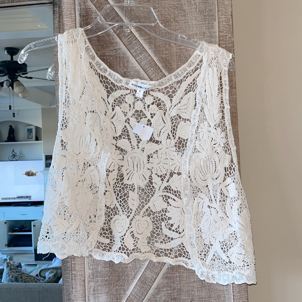 Romantic Crochet Lace Beige Cotton cropped Vest Womens Medium